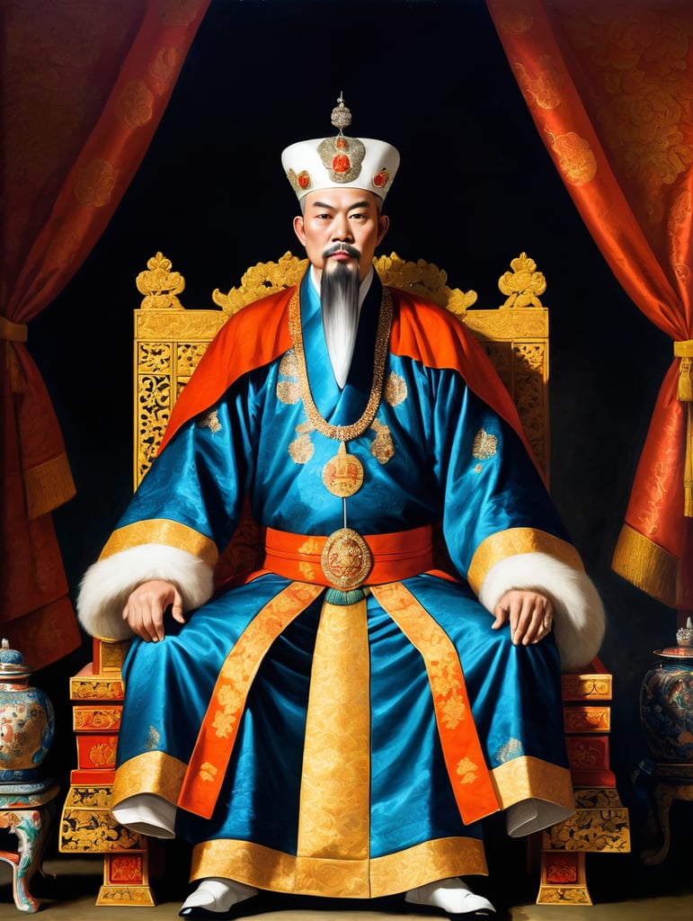 An 18th century painting of a vietnamese emperor sitting down, wearing european clothing and an asian imperial crown