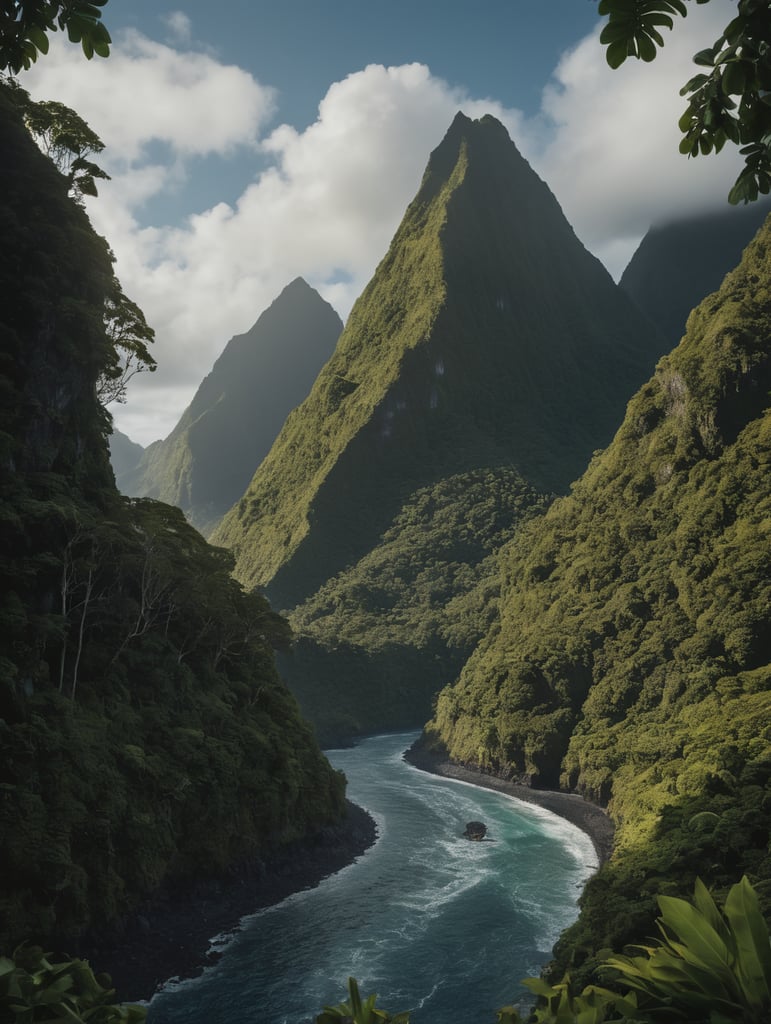 American Samoa, Island with a few Mountains, greenery, river running from ocean into a valley, ocean only on the bottom middle running up to the right