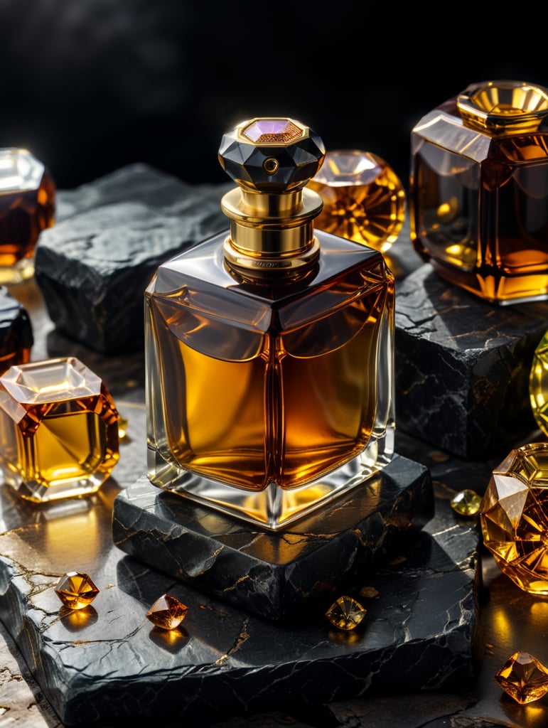 professional photography of a luxury perfume, square bottle, surrounding an amber gems, yellow satin scarf on a background, no label, clear, mockup