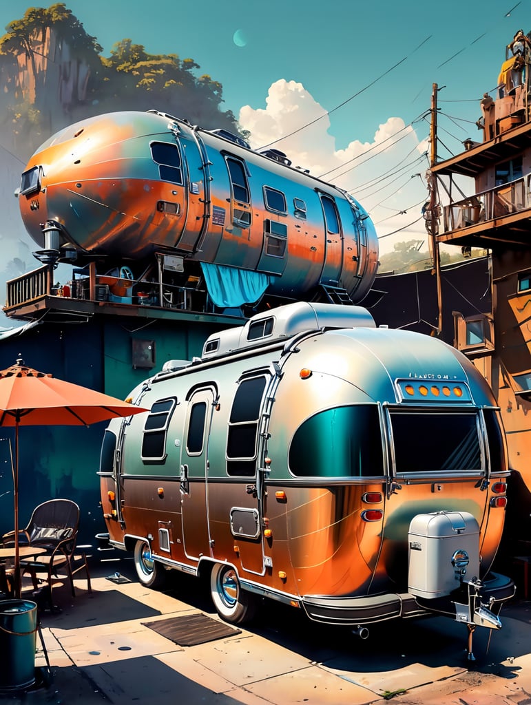 Futuristic alien Airstream camping trailers, steampunk and neon, cyber technology