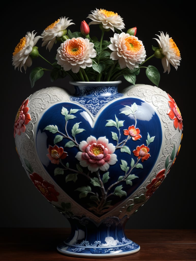 Chinese porcelain heart vase, with flower