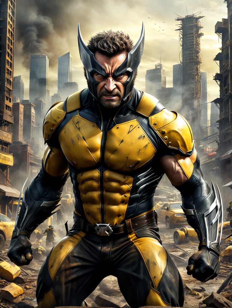 Jeremy Allen White as Wolverine from the Xmen in the Yellow and black costume, claws extended, coming out of a post apocalyptic, smokey, urban cityscape.