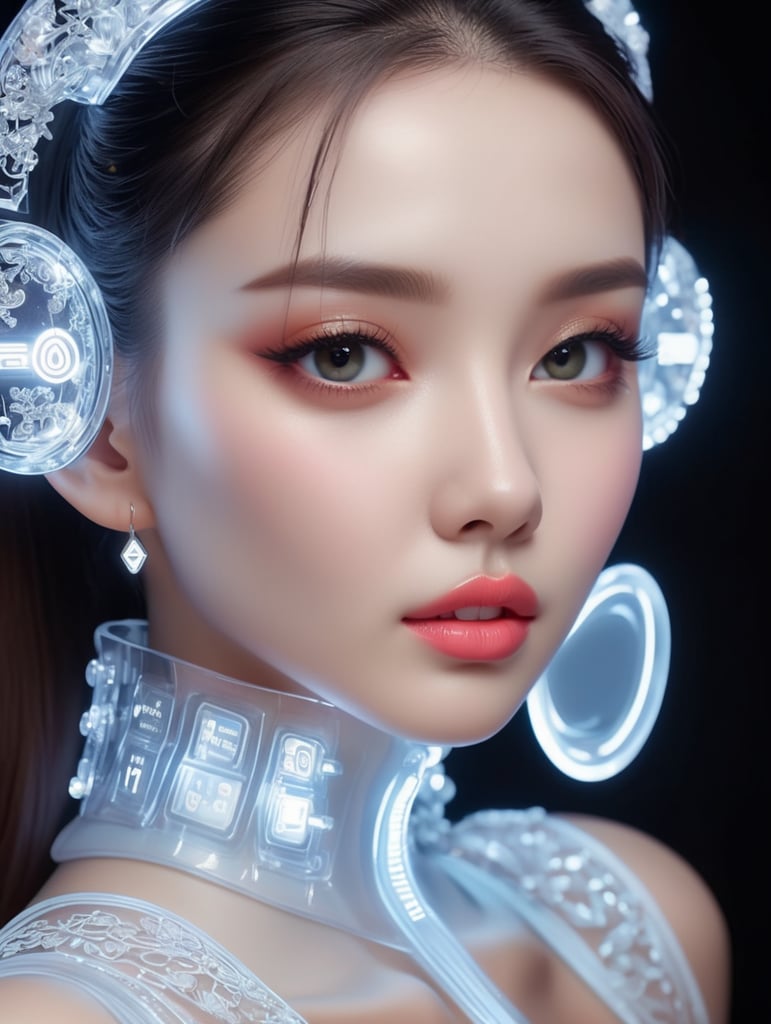 Cute aesthetic, a (tiny cute translucent polycarbonate women) with an led screen face, emoticon, stunning render, intricate details