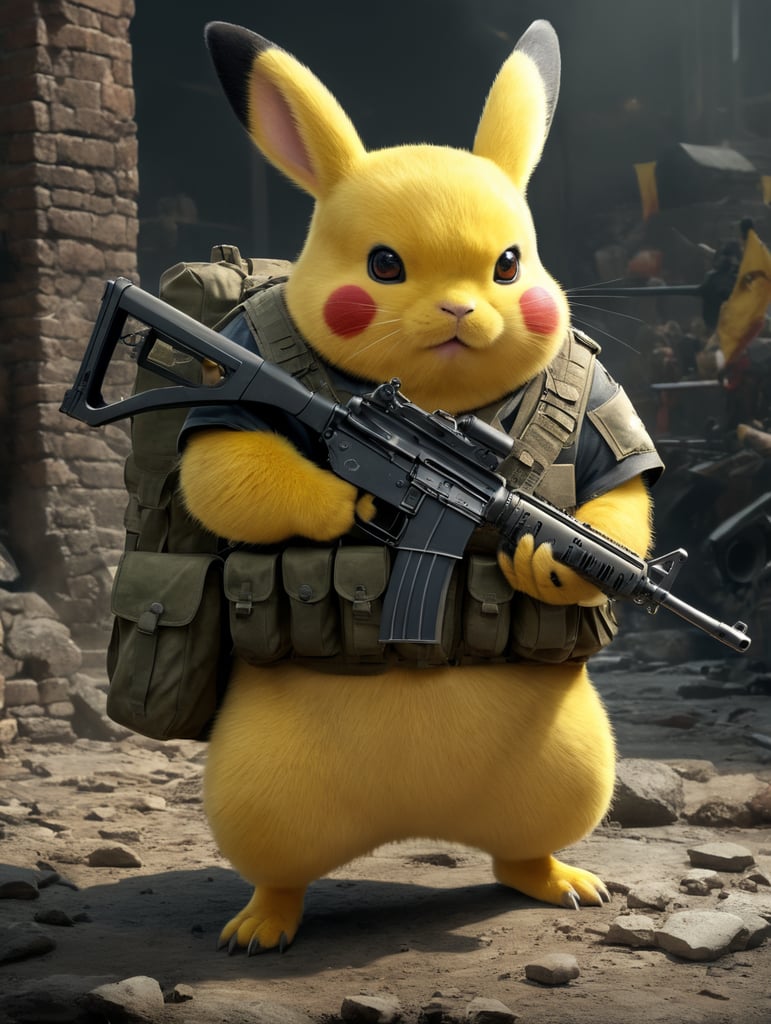 pifatchu the fat brother of pikatchu wear military clothes and hold an AK