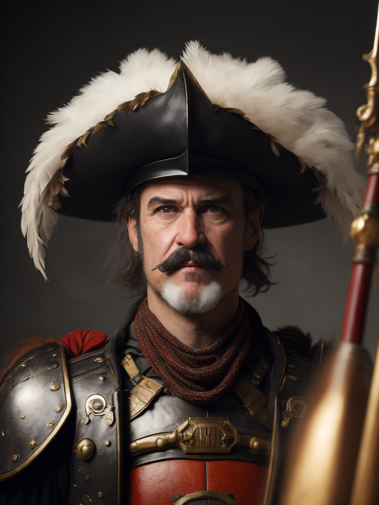 High resolution, high quality, high detail, soft lighting, cinematic lighting, realistic, DSLR, bokeh, studio quality, film grain, panorama, film grab of a young landsknecht wearing a large hat with colorful feather plumes, plate armor, black shirt, moustache, holding a very long sword, standing, simple background, 80s fantasy movie