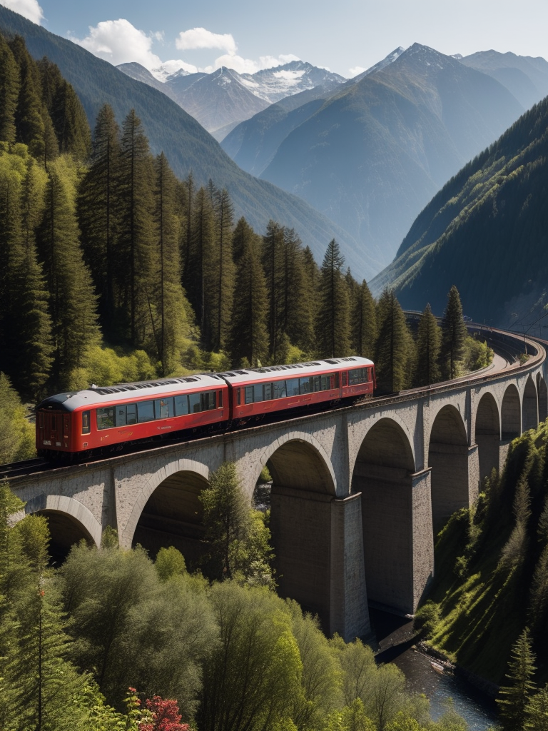 The Landwasser Viaduct bridge in switzerland, Red vintage train rides over the bridge, forests and mountains in the background, Very High details, Vibrant colors, sharp on details