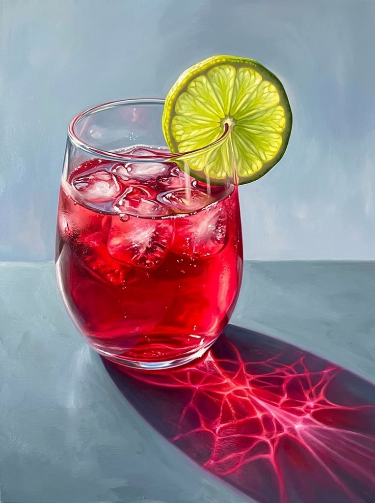 stemless glass filled with vibrant crimson liquid and ice cubes, bright yellow-green lime slice resting on the rim, photorealistic painting, glowing magenta caustic shadow stretching across a flat surface, intense light refraction, strong direct lighting, smooth light blue-grey background, vivid colors, close-up perspective