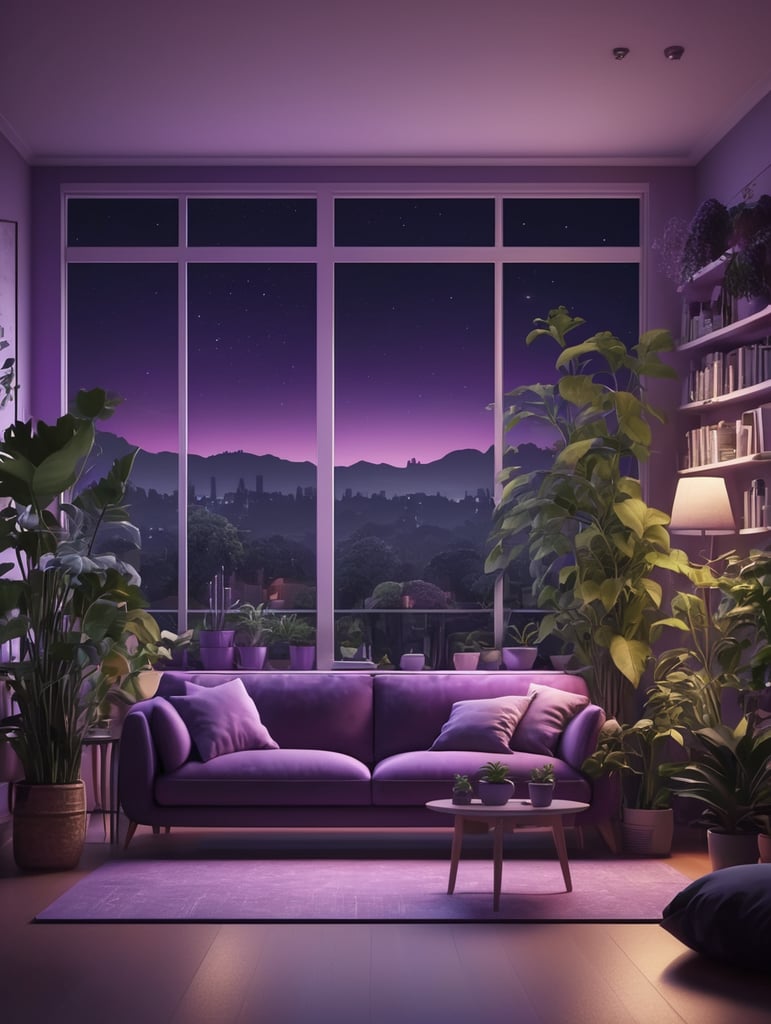 Purple ambient living room. Big window front of living room at nighz. Purple night sky shinig onto bookshelf, sofa and plenty of plants. 8k, highly detailed.