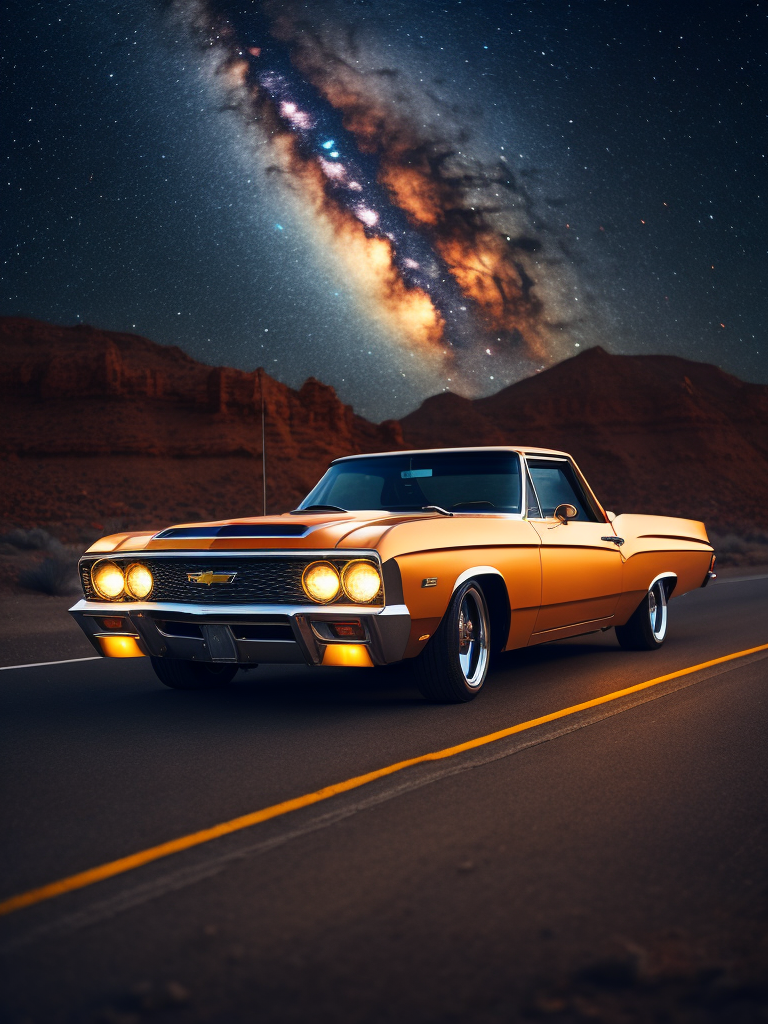 Chevrolet El Camino car desert night photography neon interior lighting photorealistic high definition cinematic photography starry sky background vintage car night time beauty desert drive