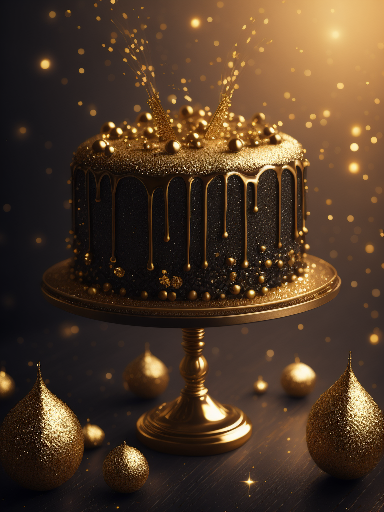 A cake inspired by sparkling golden, bubbly, boisterous, with gold decorations.