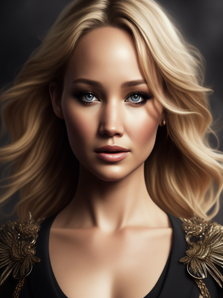 Portrait of Jennifer Lawrence, ultra realistic, blonde hair, bright makeup, detailed background