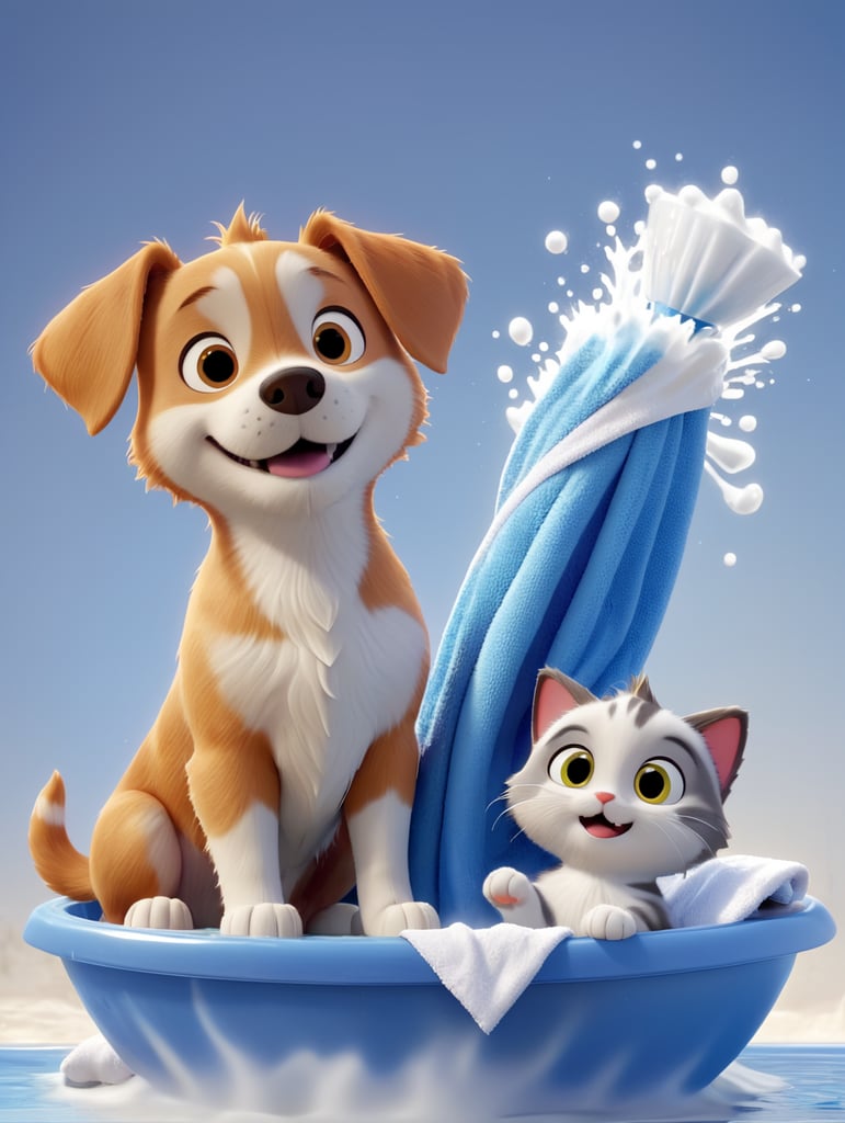 cão e gato a tomar balho com shampo e toalha