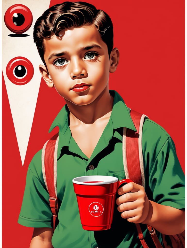 Miami young boy holding a red cup eye-catching poster-style drawing and illustration representing the iconic pulp style.