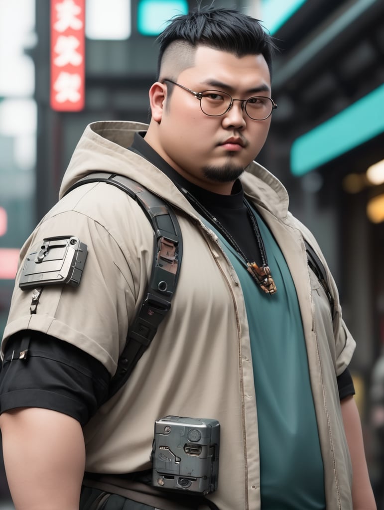 Young male, cyberpunk theme, japanese decent, chubby