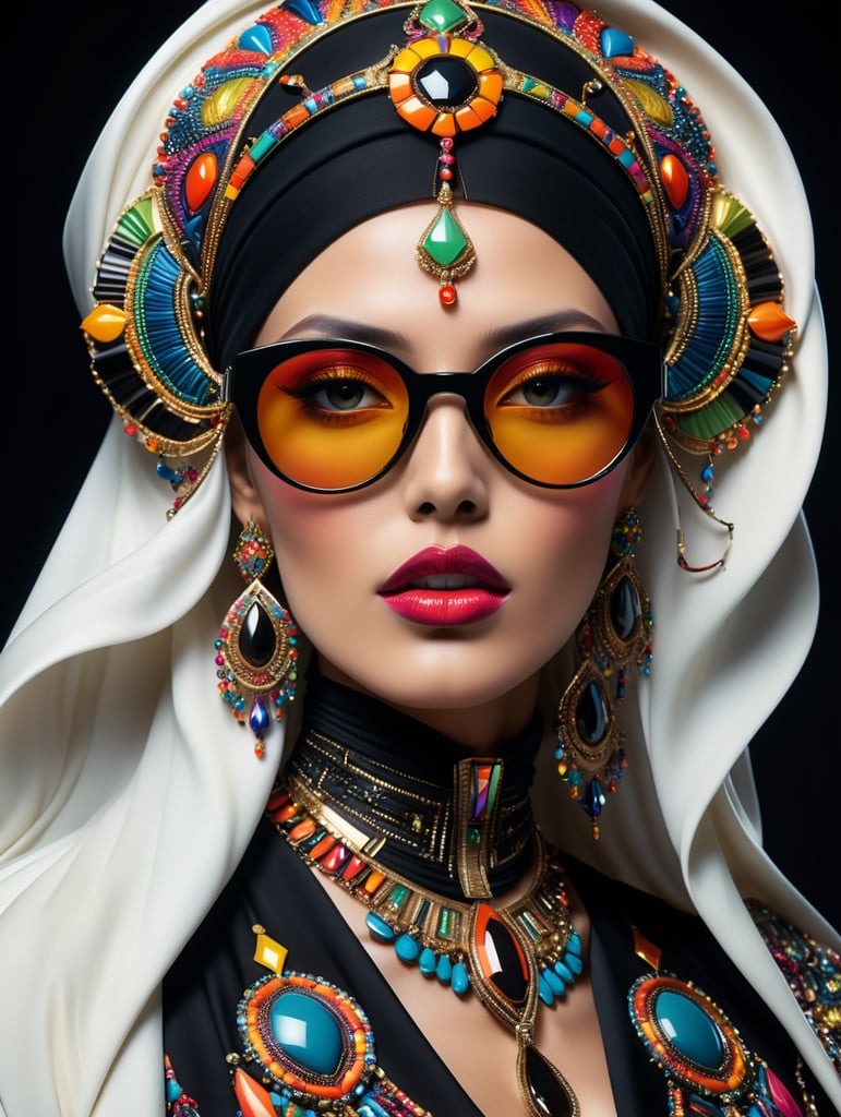 A old culture Egyptian tendency luxury top model dressed with glass and Cotton threads clothes in shape of colorful Waves spectrum. "Smoke black reflecting futuristic sun glasses", dark diamond jewelry, volumetric hijab graved with colorful aztec inspiration in the shape of frilly and mushroomy large waves threads inspired long coat flowing, black clean studio background, hyper detailed, epic Ai Yazawa, maximalist, contrast, Alberto Seveso fashion art style, hyper realistic, studio light, soft light, volumetric lighting, subsurface scattering, 4k, 8k, HD,-- s 1000 --style raw, fashion magazine cover