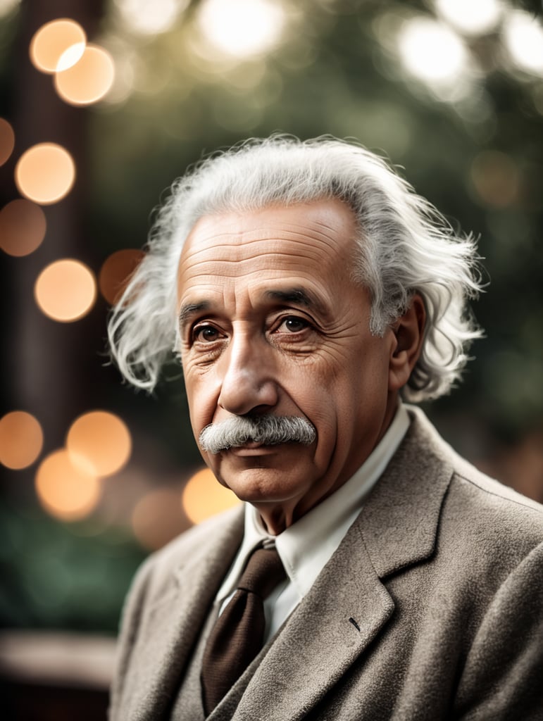 A 1950's photograph of Albert Einstein, film photography, bokeh background.