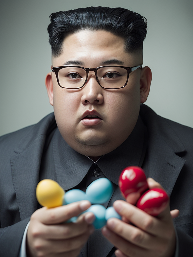 RAW Kim Jong Un blow Bubble Gum, looks at the camera, light background, bokeh, ornate background.