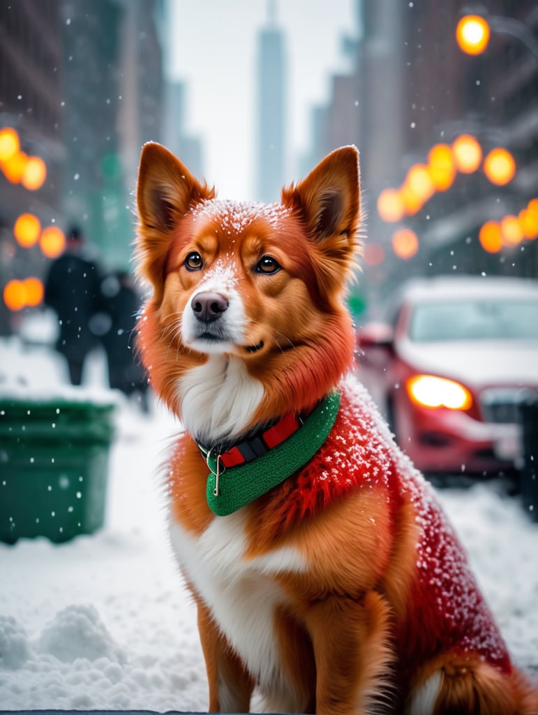 Cinematic, stunning, minimalist, thin lightweight light cute red fluffy dog in heavy snowy new york city street sitting waiting for green light . beautiful shot. 8k. wallpaper. extremely detailed
