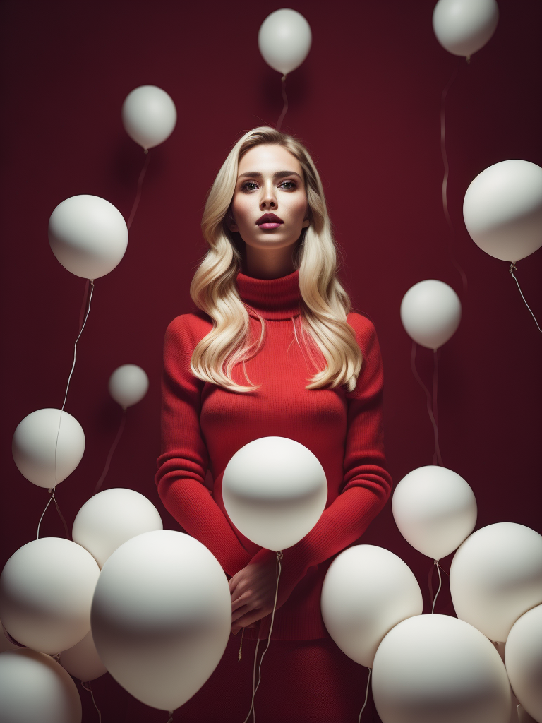 a cinematic fashion portrait photo of beautiful young woman from the 60s wearing a red turtleneck standing in the middle of a ton of white balloons, dramatic lighting, taken on a hasselblad medium format camera