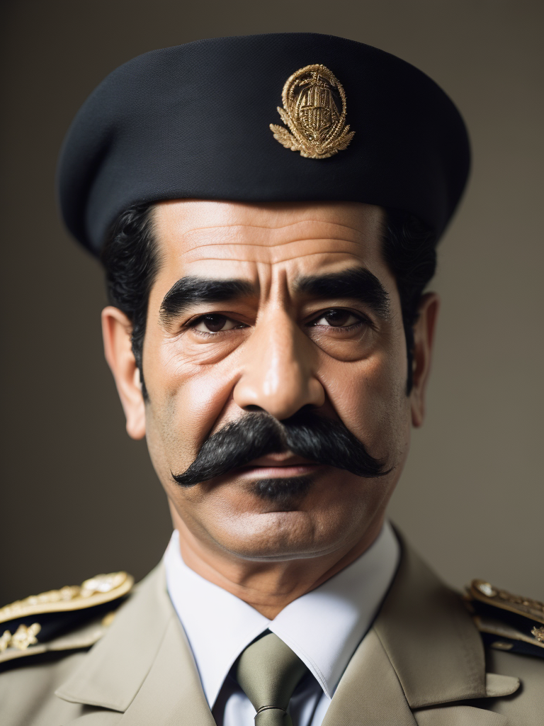 Portrait of Sadam Husein, Saddam Hussein was a prominent political figure who served as the President of Iraq from 1979 to 2003. He led Iraq through a period marked by conflict, both domestically and internationallyn, portrait in Iraq office, special atention of red sharp focus, highly detailed, photorealistic photoreal: 1.4, lifelike,highly detailed CG unified 8K,looking at the viewer smiling, (HQ skin:1.4), 8k uhd, dslr, soft lighting, high quality, film grain, Fujifilm XT3, smiling front camera. Saddam Hussein was the President of Iraq from 1979 to 2003. He was known for his distinctive physical appearance. Here's a description of his physical attributes: Saddam Hussein was of average height, standing around 6 feet (183 cm) tall. He had a stout build and often appeared in military uniforms or traditional Arab attire. He had a mustache and typically kept his hair closely cropped. His facial features included a prominent nose and dark eyes. Throughout his rule, Saddam Hussein was often seen wearing milita