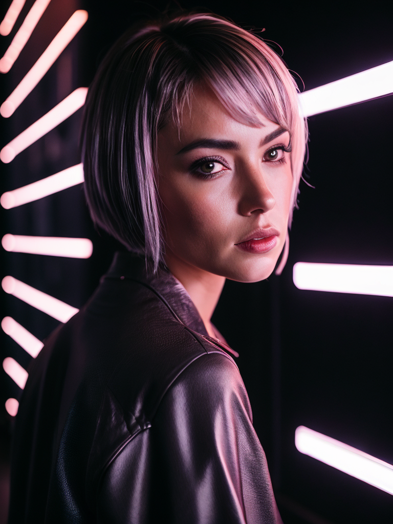 A women with a short black hair, stands near neon light illumination ad, looks on camera, cinematic shot