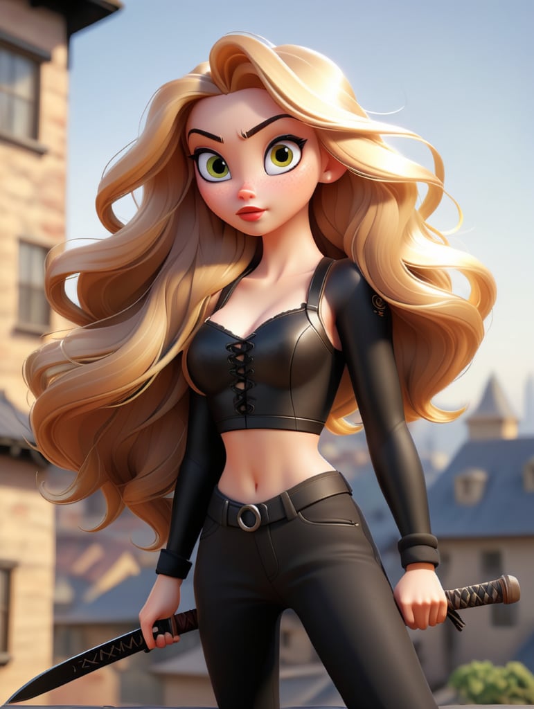 Beautiful anime girl 3D Model With Long Blond Hair, light golden eyes, sharp nose, light brown lips, average body Shapes, wearing black bra with black Cargo Pant holding a katana sword in one hand standing at the edge of roof top.