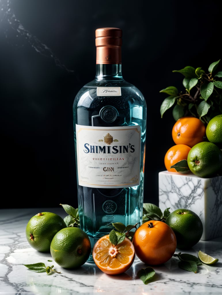 professional photo of a gin bottle on a white marble table surrounded by limes, persimmons and mint, natural light