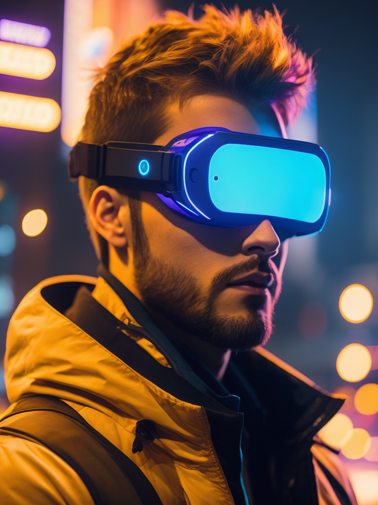 Man wearing virtual reality glasses, cyberpunk style, neon colors, bright colors, bright blue glowing glasses, sharp details, contrasting light