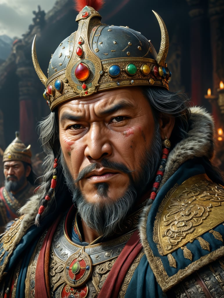 A realistic portrait of Gengis Khan with all of his described feactures in total accuracy