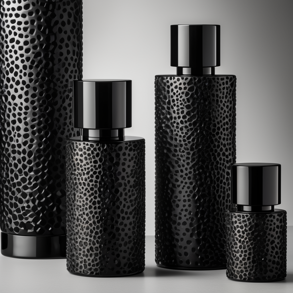 Botellas minimalistas de perfume altas y luxury de vidrio negro con texturas que generen tripofobia y etiquetas de colores vibrantes y muy minimalistas