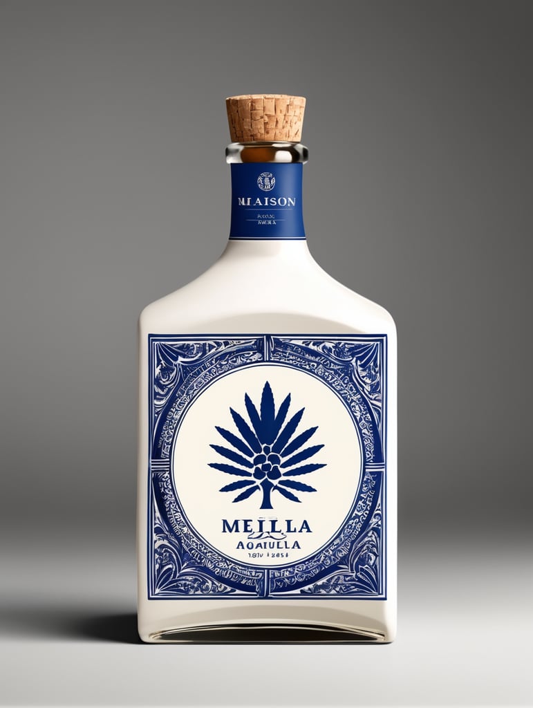 Design ceramic tequila square bottle with rectangular cork that’s sophisticated, luxurious, modern and timeless for new global brand that is preferred by premium wealthy drinkers. Mexican blue agave label. Bottle has minimal pattern and features Mexican heritage and culture in Jalisco area.