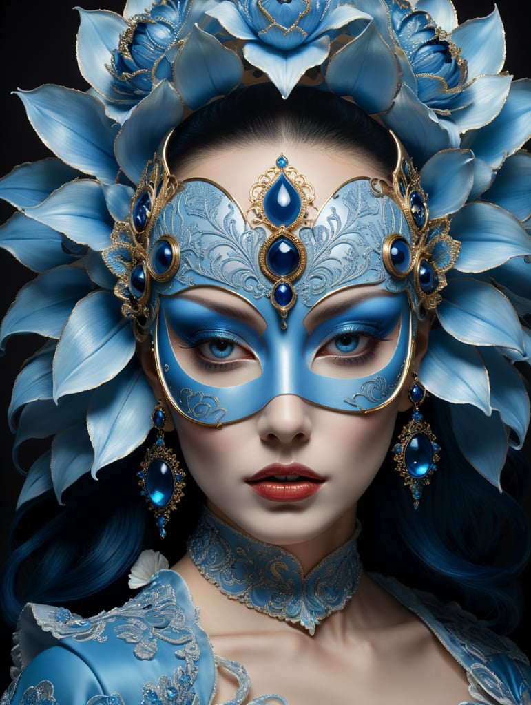 Close up portrait photography, of a Gorgeus ladty, wearing a blue woman mask, 80 degree view, art by sergio lopez, natalie shau, james jean and salvador dali