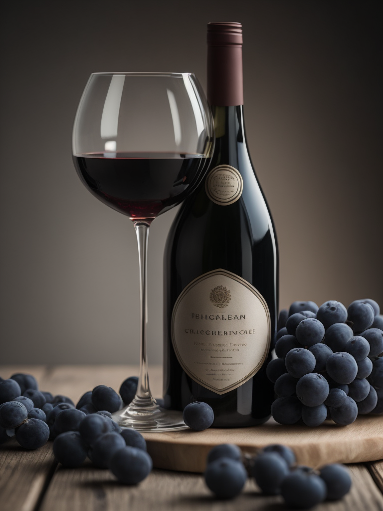 wine bottle with glass of dark red wine, grapes