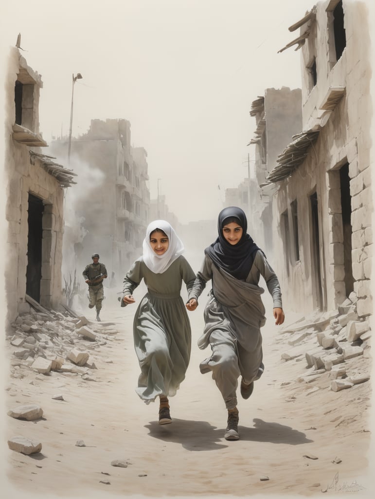 A pencil drawing of a young veiled girl with Arab features running away from a soldier running after her, in a neighborhood of the destroyed city of Aleppo.