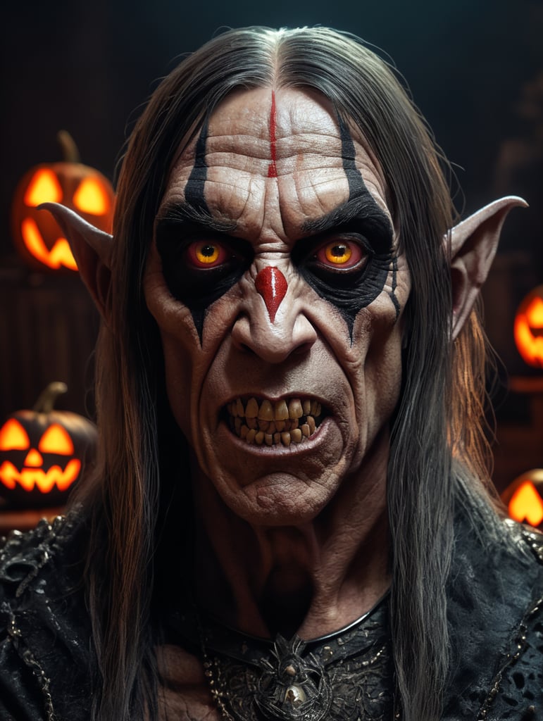 Iggy Pop as a creepy evil character wearing spooky Halloween costume, Vivid saturated colors, Contrast color