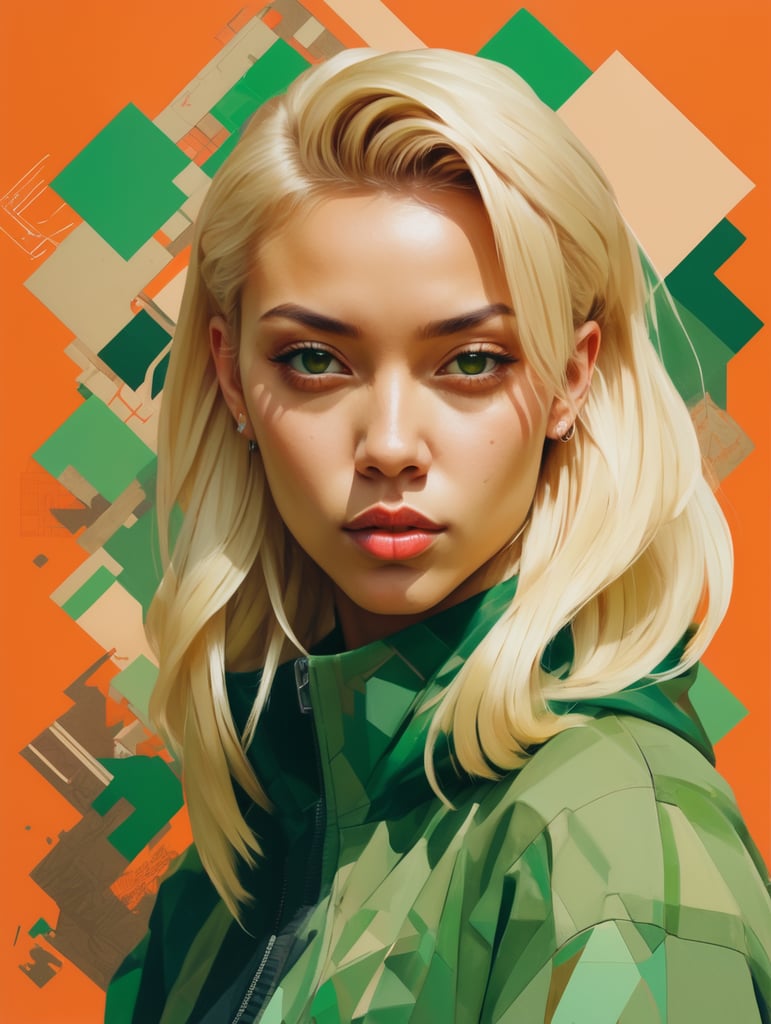 Abstract 1998 european blond hiphop girl by sachin teng x supreme, attractive, stylish, designer, green, asymmetrical, geometric shapes, graffiti, street art