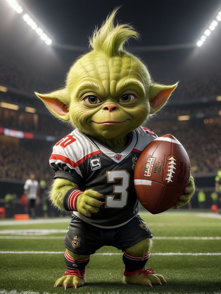 baby grinch wearing saints team jersey holding a football