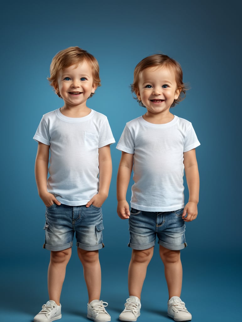 a Little boy and girl wearing white t-shirts, standing in front of blue background, blank shirts no print, 3 years old smiling toddlers, photo for apparel mock-up