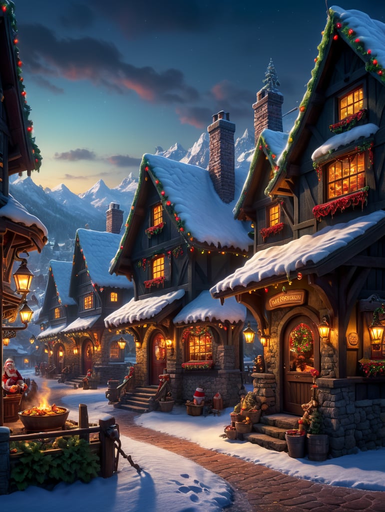 Santa grills meats, steaks, burgers. Sweet Goblins are waiting for food little elves. A picturesque, snowy village at dusk. The stage features twinkling lights from cozy cottages