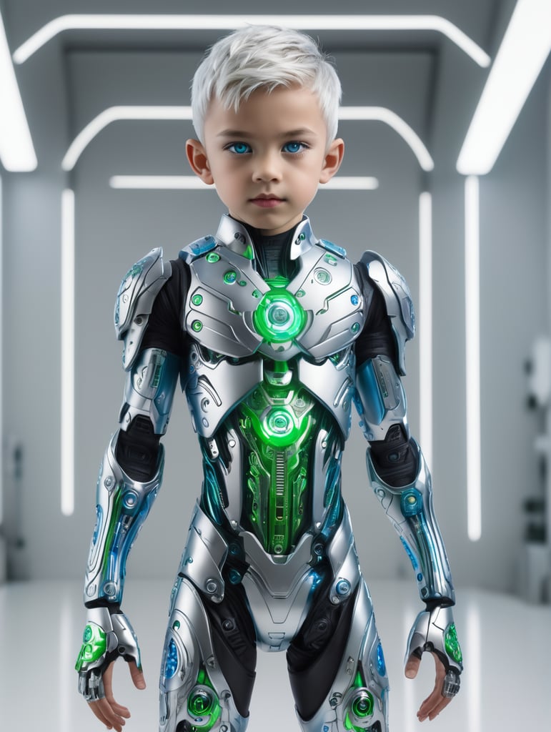 full body photo cyberpunk kid character in a T-Pose, with a striking blend of human and robotic features, standing against a pure white background, with metallic limbs and neon blue circuitry visible beneath translucent synthetic skin, piercing green eyes with vertical pupils, silver hair styled r, and a sleek, aerodynamic body suit with a metallic finish, complete with glowing blue accents and intricate, circuit-like patterns etched into the armor plating, with a subtle, atmospheric glow softly illuminating the character's form.