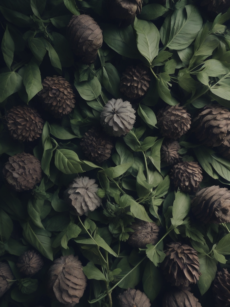 pine cones and pine trees on a bed of green leaves, in the style of video installation, flower patterns, wood sculptor, warmcore, intricate floral arrangements, duckcore, hypnotic symmetry