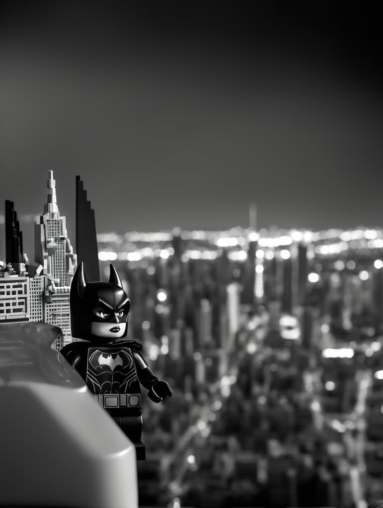 Lego bad girl looking over the city that looks real black and white Batgirl facing the city so we can’t see her face