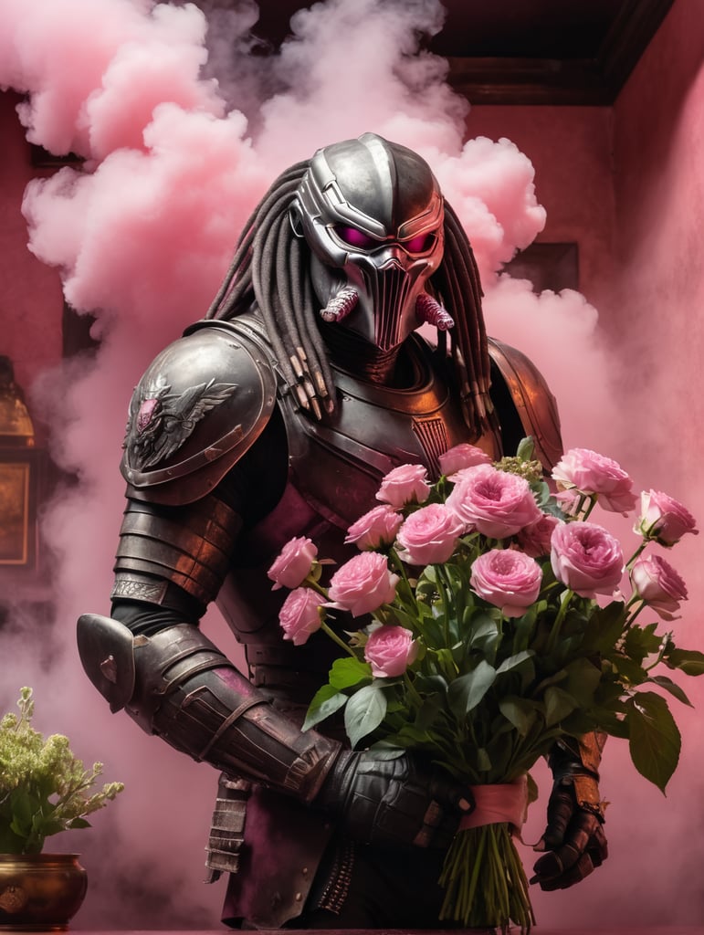 Predator without a mask, old pub, sniffing a large bouquet of flowers, pink smoke background