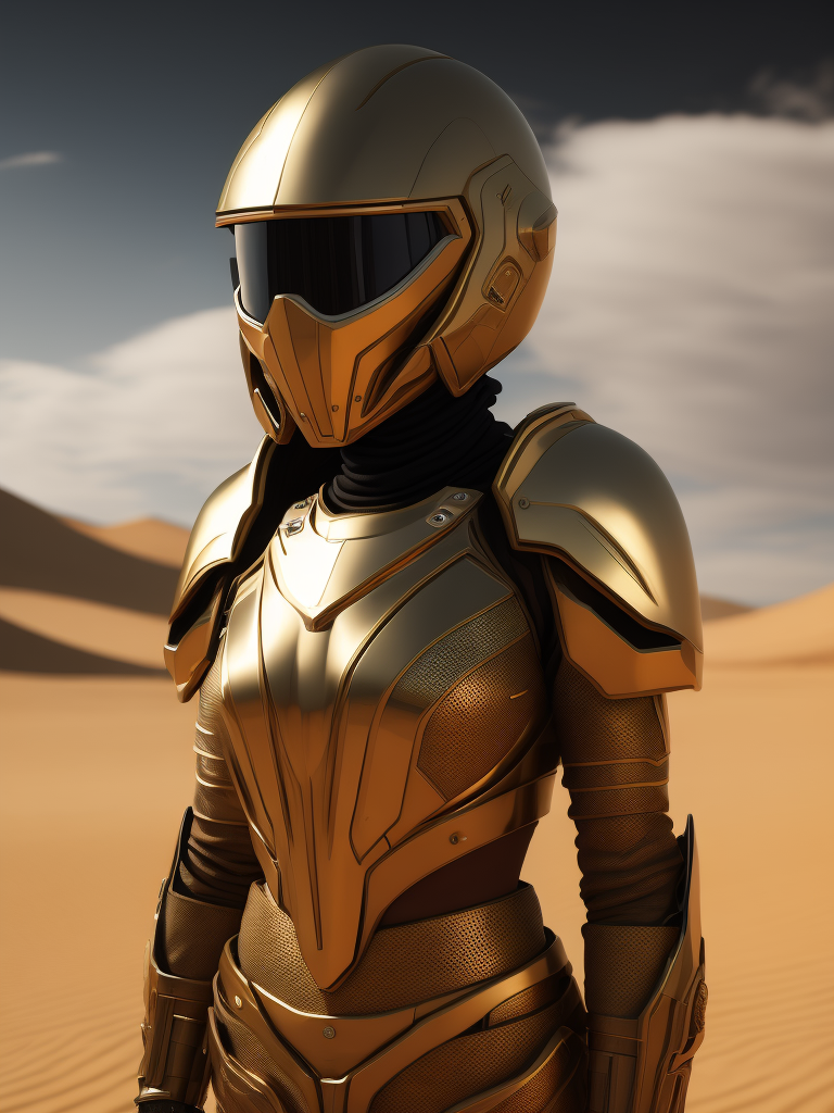 Cyber girl wearing gold chrome helmet, shining reflections, walking in the desert, photorealistic, hyper-detailed, dune atmosphere