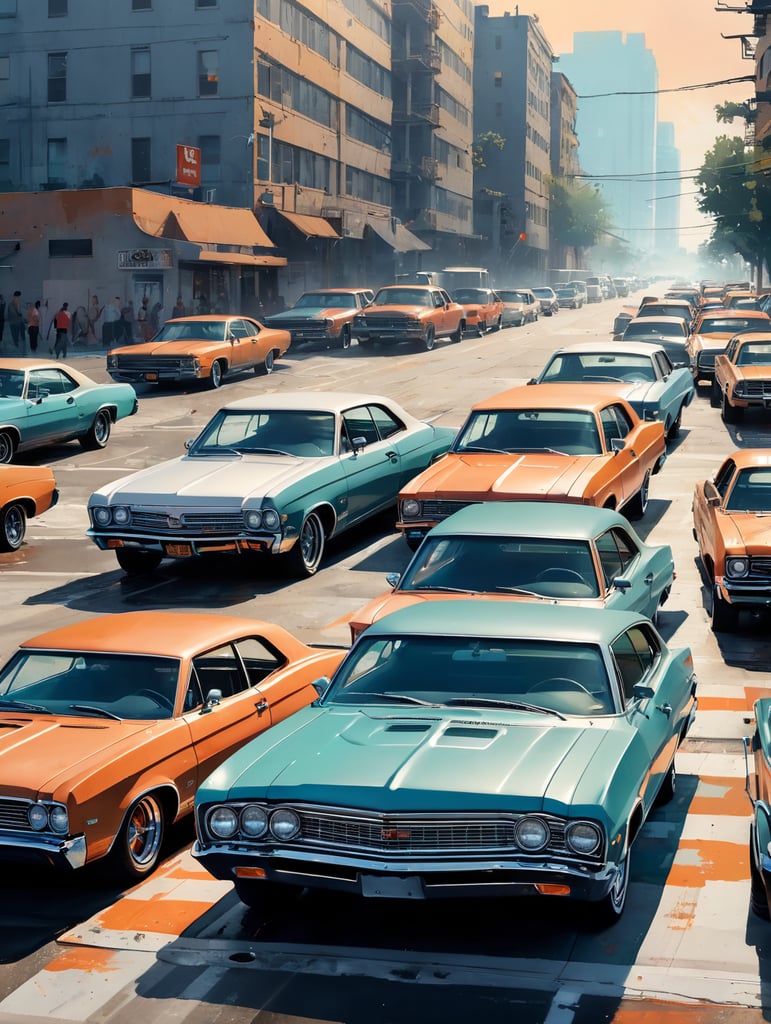 gathering of American cars in a parking lot, summer USA