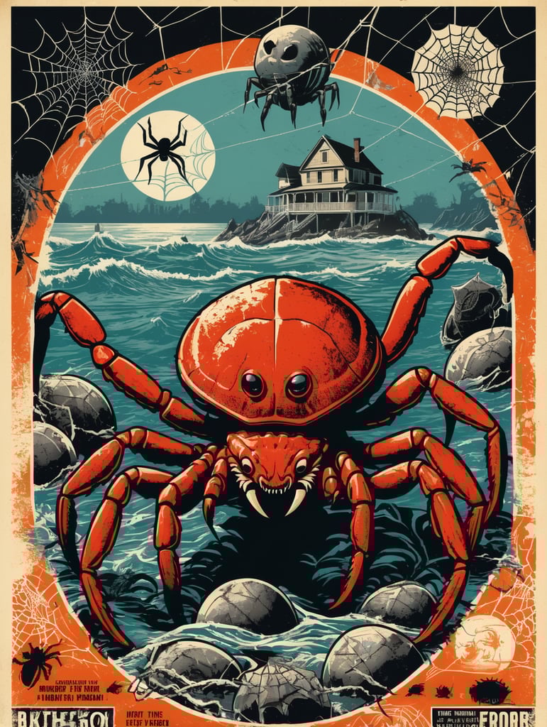 1950's b-movie horror halloween t-shirt print design featuring a giant crab and black widow spider, spider webs, ocean, spider eggs,style by Butcher Billy