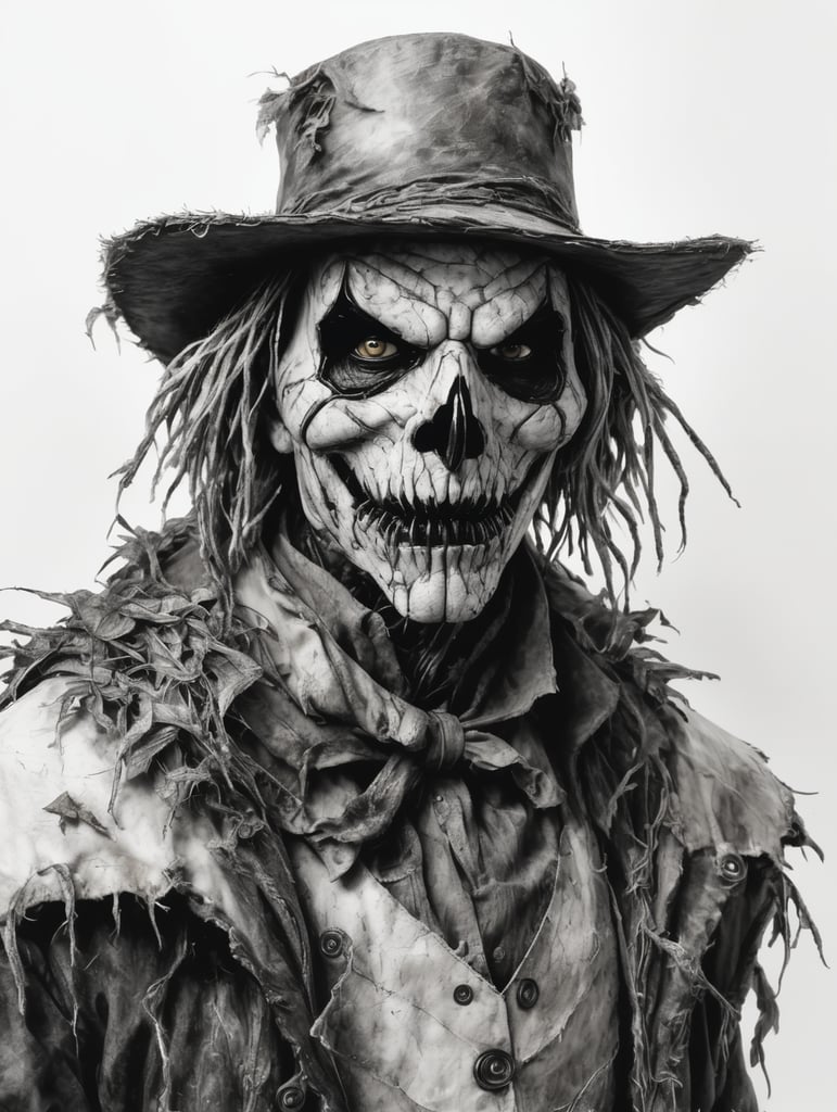 Pure Black and white pen sketch, scary ugly scarecrow on a white background