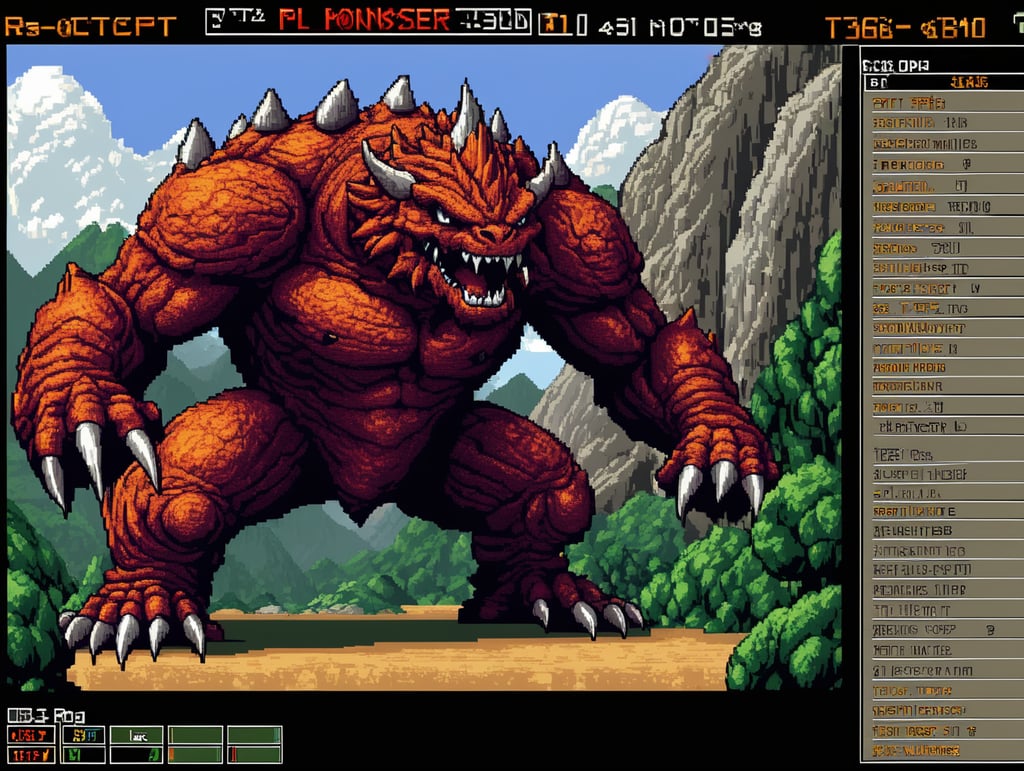 Pixelart, The data screen view of a rock Monster of an rpg game, showing attacks, habilities and stats, text, name,