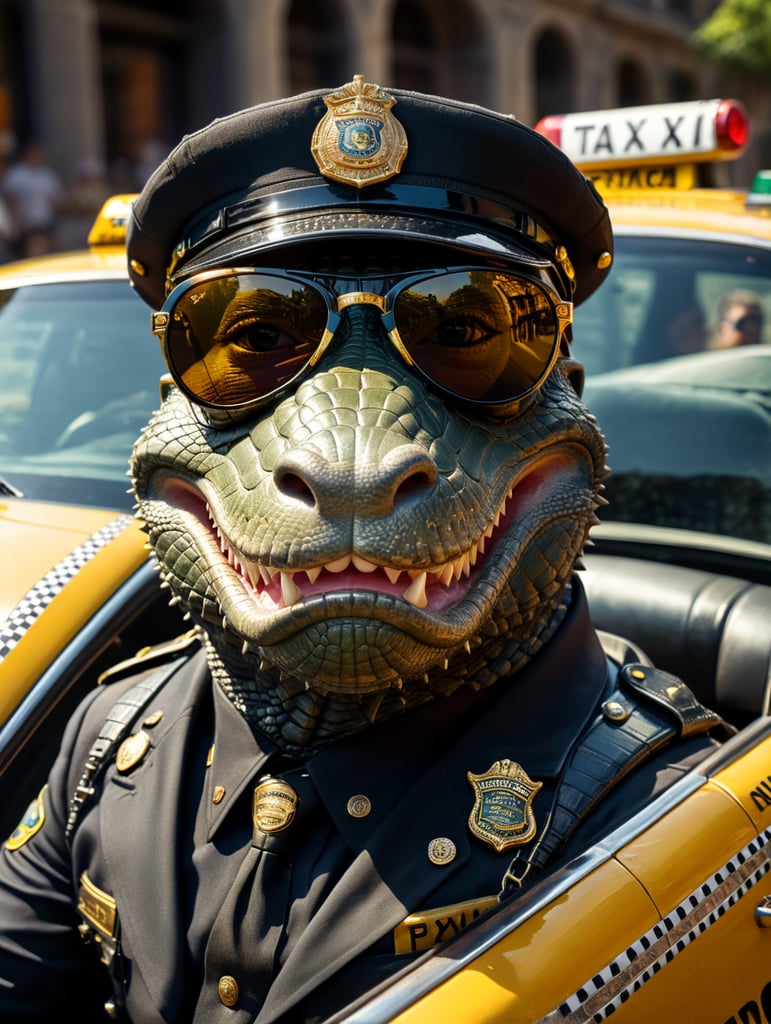 Alligator police officer, sitting behind the wheel of a taxi, close-up shot, sunglasses, clipart, stock photo