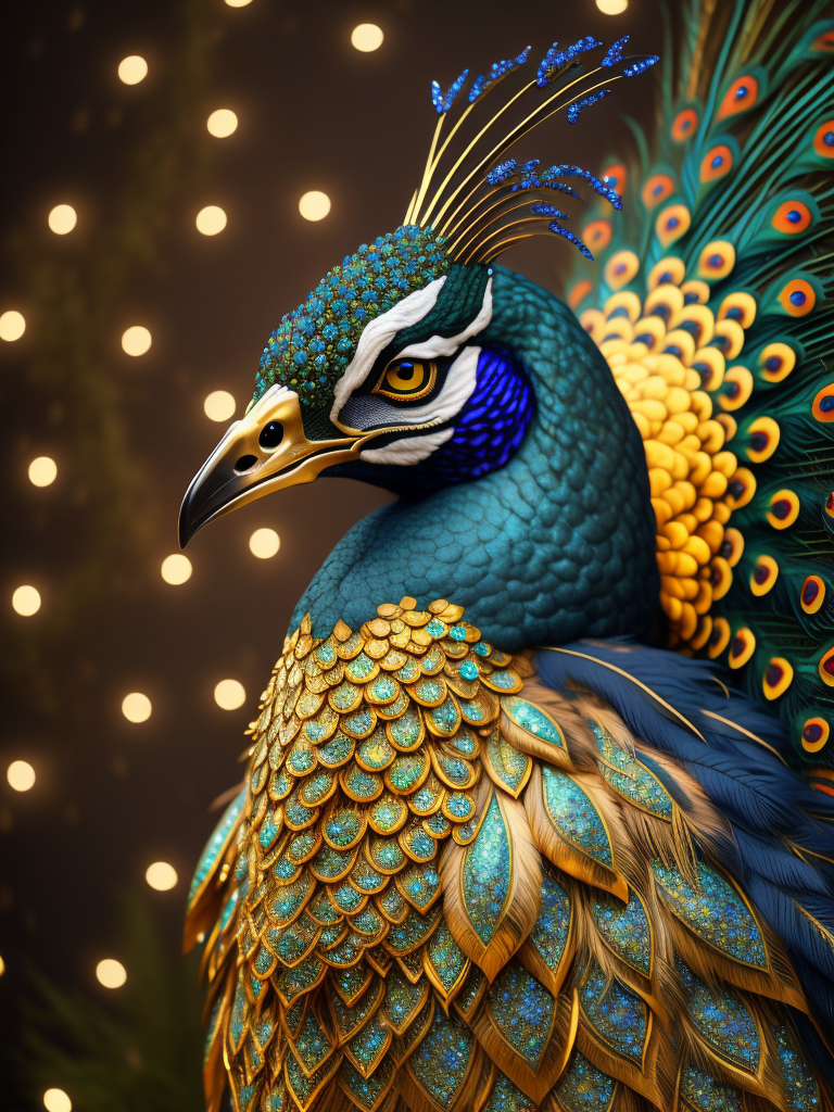 Magical king peacock wearing expensive jewelry that is magnificent, incredibly detailed, intricate, with brilliant bright shimmering sparkling glittering diamonds on glowing shining precious luminous gold, Royal rich luxurious